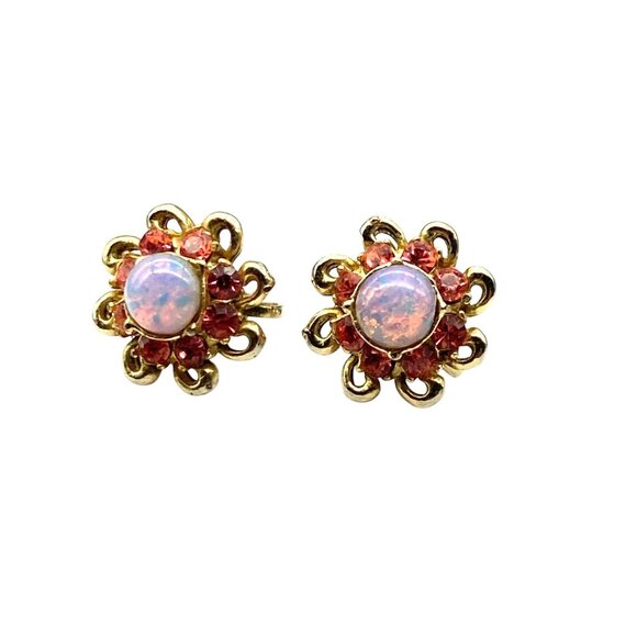 Coro Faux Opal and Pink Crystal Flower Earrings, Vintage Screw Back - Picture 3 of 6
